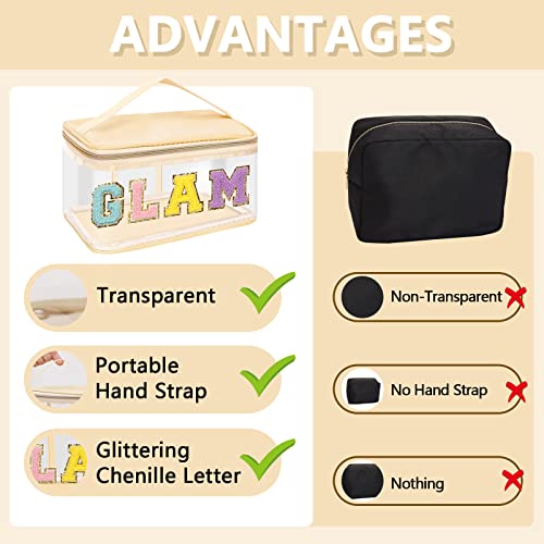 Chenille Letter Patches Clear Makeup Bags Baby Purse Pouch, Preppy Nylon Large Cosmetic Toiletry Storage Bag with Handle Zipper, Waterproof PVC Portable Makeup Travel Pouch for Women Girls(Beige-BABY)