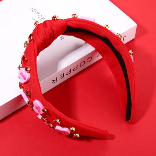 YAHPERN Valentine’s Day Headband for Women Red Pink Heart Knotted Headband Jeweled Rhinestone Crystal Wide Top Knot Hairband Valentine’s Day Hair Accessories Holiday Gifts (Letter Heart)