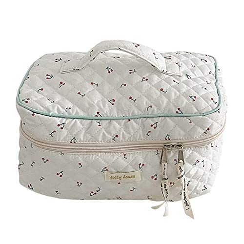 Cessfle Kawaii Cotton Makeup Bag Large Travel Cosmetic Bag Quilted Coquette Makeup Pouch Aesthetic Floral Toiletry Bag