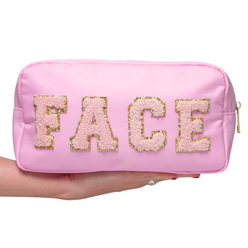 Bodhi Life Preppy Makeup Bag Set, 4 Pcs Chenille Letter Patch Cosmetic Pouch for Travel, NYlon Organizers for Hair, Skin, Face, Stuff, Cute Essentials for Women and Teens