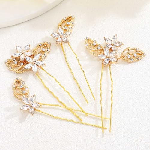 Heread Crystal Bride Wedding Hair Pins Gold Leaf Hair Pieces Bridal Hair Accessories for Women and Girls (Pack of 4)