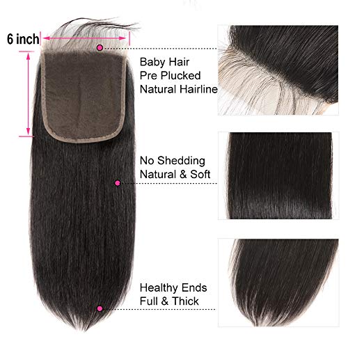 6X6 Closure Huamn Hair Hd Preplucked Straight Closure 6 By 6 Transparent Lace Virgin Brazilian Human Hair 150% Density With Baby Hair 6X6 Lace Closure Only Natural Color 20 Inch