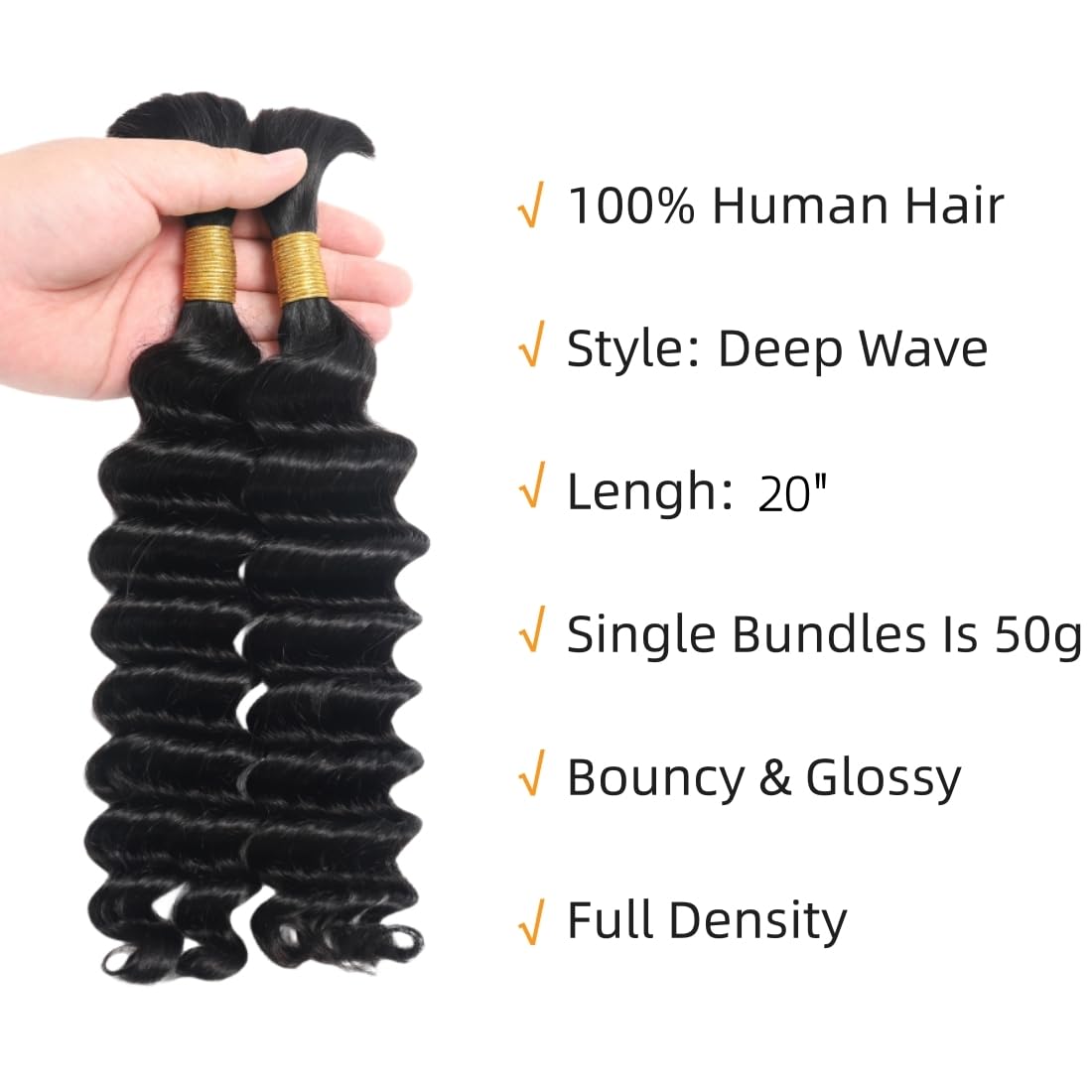 Human Braiding Hair Deep Wave Bulk Human Hair 20 Inch for Boho Braids Hair Extensions No Weft Brazilian Human Hair 2 Bundle Wet and Wavy Human Hair Braiding Hair Natural Black (1Pack-2 Bundle-100g)