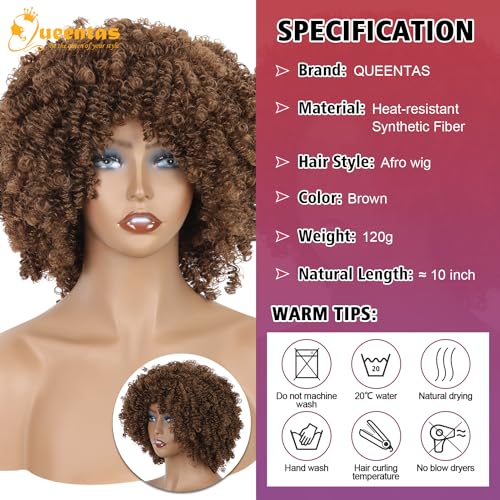 QUEENTAS Curly Afro Wigs for Women Disco Wigs 70's for Women Brown Afro Wig Synthetic Hair (Brown)