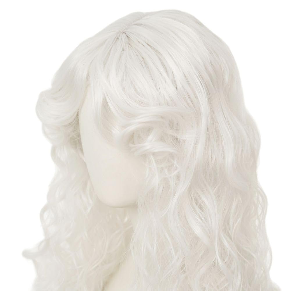 Tseses White Long Curly Wigs for Women Middle Part with Bangs Natural Synthetic Princess Hair Wig for Cosplay