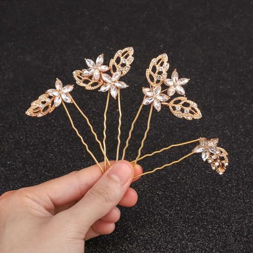 Heread Crystal Bride Wedding Hair Pins Gold Leaf Hair Pieces Bridal Hair Accessories for Women and Girls (Pack of 4)