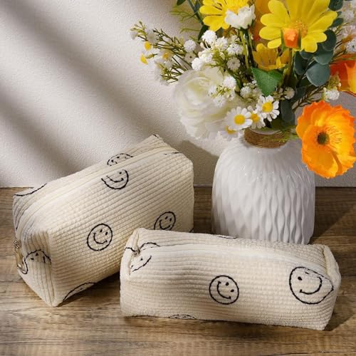 Herchuse Makeup Bag Cute Smiley Face Makeup Bag Organizer With Zipper Corduroy makeup Bag 3PCS Bag For Purses For Women (Beige)