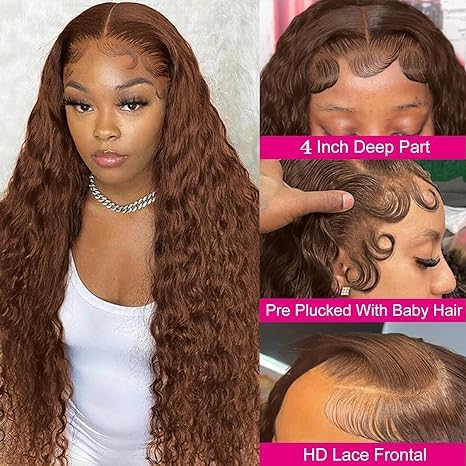 Oxeyegirl Chocolate Brown 13x4 Deep Wave Human Hair HD Lace Frontal Wigs Human Hair Pre Plucked #4 Light Brown 150% Density Deep Curly Wave Colored Human Hair Wigs for Black Women 18 Inch