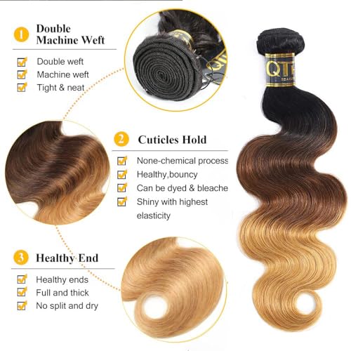 QTHAIR 14A Grade Ombre Body Wave Hair 1 Bundle Brazilian Body Wave Weave 100% Human Hair Extensions 3 Tone 1b 4 27 Color Ombre Human Hair Bundle for Black Women 26"