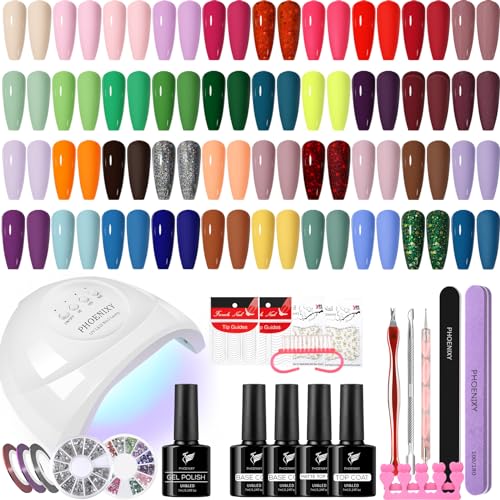 Phoenixy 47 PCS Gel Nail Polish Kit with U V Light 48W, 26 Classic Colors Gel Nail Polish Set with 4 Bottle Base Top Coat Nail Art Decorations Manicure Tools DIY Salon Home Gifts For Women SS9026