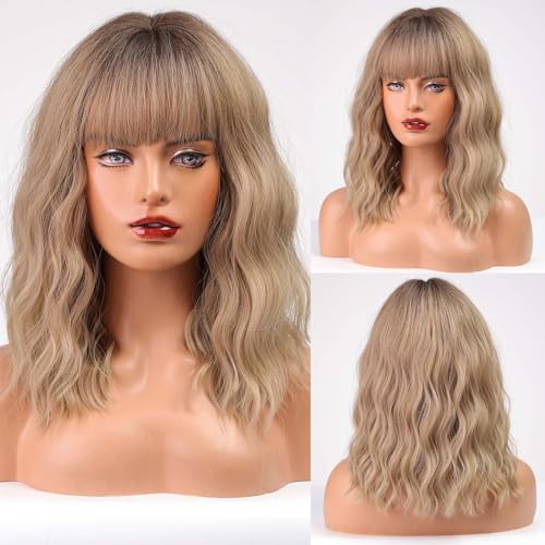 ALANHAIR Blonde Bob Wigs Curly Bob Wigs Ombre Blonde Bob Wig for Women Short Bob Curly Wigs with Bangs Short Bob Wavy Wigs Natural Synthetic Heat Resistant Wigs for Halloween/Christmas/Cosplay/Party