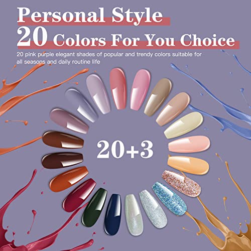 23 Pcs Gel Nail Polish Set ,with Nice Box Elegant Color 8ML Soak Off with Base Coat and Glossy & Matte Top Coat, Nude Pink Glitter Blue Purple Polish for Gel Nails Starter Kit for Women Gift