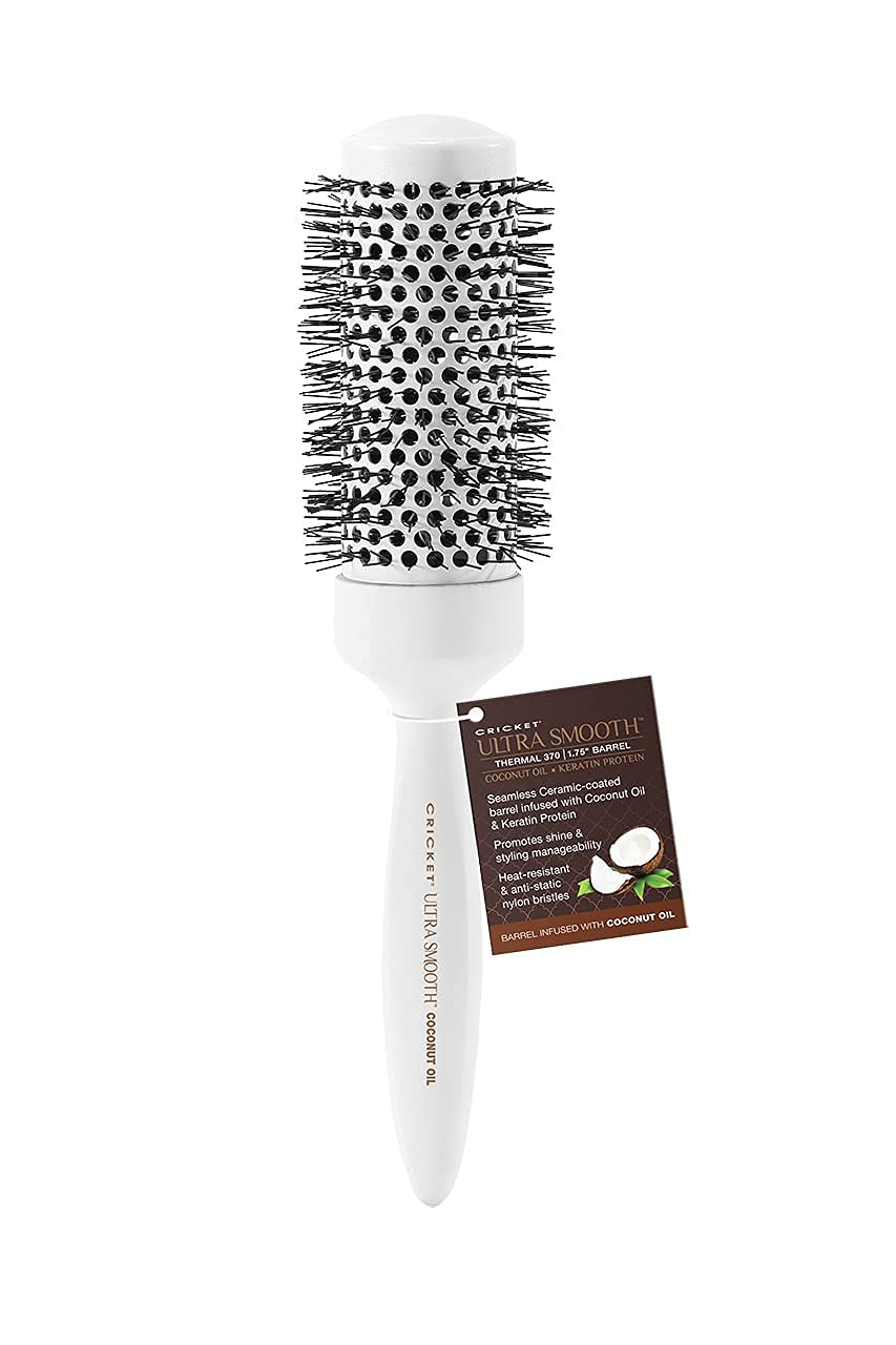 Cricket Ultra Smooth Coconut 1.75” Thermal Ceramic Barrel Hair Brush Anti-Static Heat-Resistant Hairbrush for Blow Drying, Curling and Styling All Hair Types White