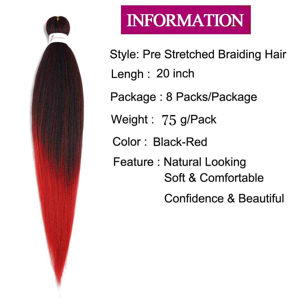 Pre Stretched Braiding Hair Extensions 20 Inch 8 Packs Professional Synthetic Braid Hair for women Crochet Braids Soft Yaki Texture Hot Water Setting(20",mixed black & red)