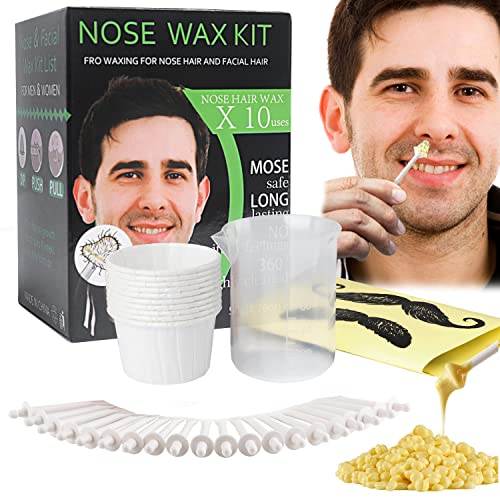 Nose Wax Kit Men, Nose Waxing Hair Wax Removal for Men Women, Nose Hair Waxing Kit For Men Ear Hair Waxing Kit Nose Hair Removal Kit for 50g Wax Beads 20 Applicators 10 Paper Cups 10 Mustache Guards