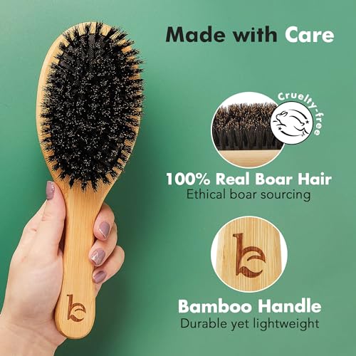 Boar Bristle Hair Brush - Smoothing Hair Brush for Fine Hair, Hair Brush for Men, Women & Kids, Soft Bristle Hair Brush, Bamboo and 100% Boar Bristles, Soft Brush for Hair, Gentle on Scalp