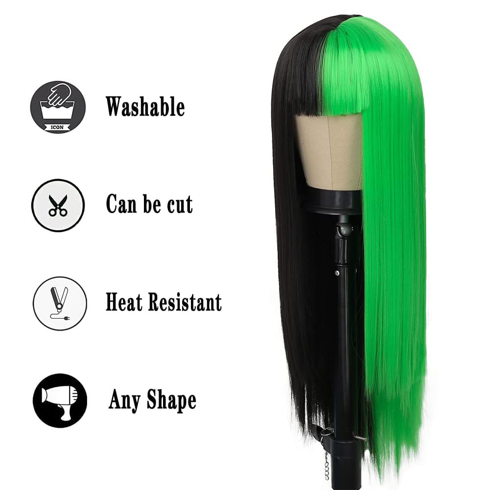 Kaneles Half Black Half Green Wig Long Straight Hair with Bangs Cosplay Natural Wig for Women Cosplay Party Use