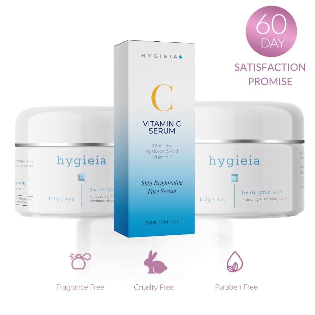 Hygieia + Youthful Skin Bundle for Wrinkle Reduction: 2% Retinol Cream (4oz), Hyaluronic Acid Cream (4oz), and Vitamin C Serum (30ml)