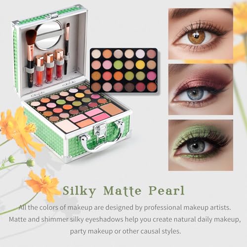 Color Nymph Beginner Makeup Kits For Teens With Train Case Included Full Makeup Kit Eyeshadow Palette Blushes Bronzer Highlighter Lipstick Brushes Mirror (Green)