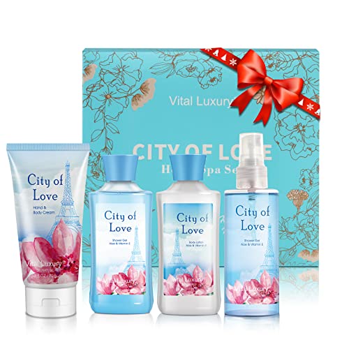 Vital Luxury Bath & Body Kit, 3 Fl Oz, Ideal Skincare Gift Home Spa Set, Includes Body Lotion, Shower Gel, Body Cream, and Fragrance Mist, Halloween, Christmas Gifts for Her and Him(City of Love)