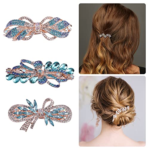 VOCOSTE 3 Pcs Hair Barrettes, Hair Accessories for Women, Hair Clips, Sparkly Glitter, Rhinestones Hairpin, Blue