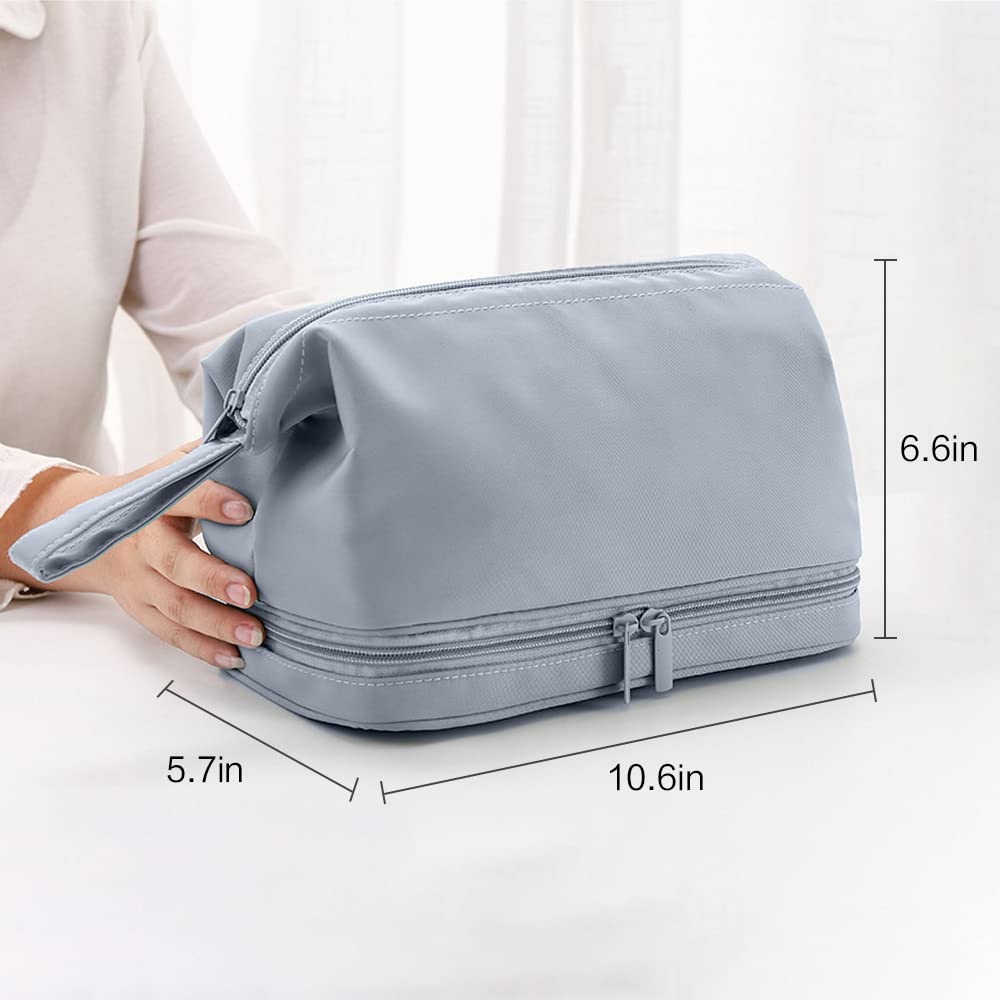 XINNIUT Large Makeup Bag, Double Layer Makeup Bag with Brush Organizer,Wide-open Design Makeup Bag,Waterproof Large Cosmetic Bag Toiletry Bag Travel Bag (Light Blue)