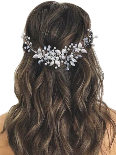 EASEDAILY Bride Wedding Hair Vine Silver Leaf Bridal Headpieces Pearl Crystal Hair Accessories for Women and Girls