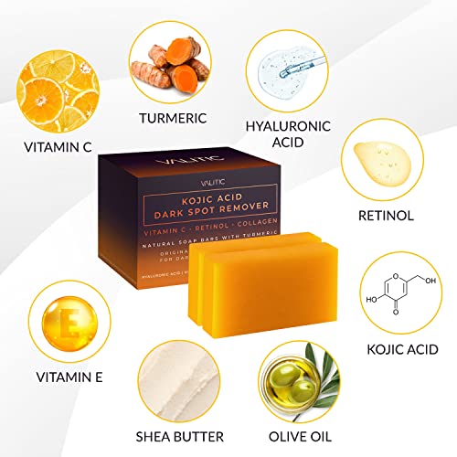 VALITIC Kojic Acid Dark Spot Remover Soap Bar with Vitamin C,Retinol,Collagen,Turmeric - Original Japanese Complex Hyaluronic Acid,E,Shea Butter,Castile Oil (2 Pack) With Holder,Pack of 3,3.5 ounces