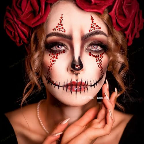 2 Pieces Face Gems Jewels Tattoos for Halloween, Day of the Dead Face Temporary Skull Tattoos Rhinestone Crystal Stones Body Gems Makeup Stickers for Halloween Festival Rave Party Outfit