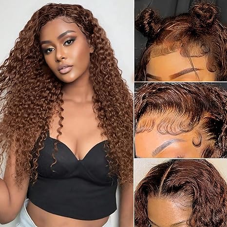 Oxeyegirl Chocolate Brown 13x4 Deep Wave Human Hair HD Lace Frontal Wigs Human Hair Pre Plucked #4 Light Brown 150% Density Deep Curly Wave Colored Human Hair Wigs for Black Women 18 Inch