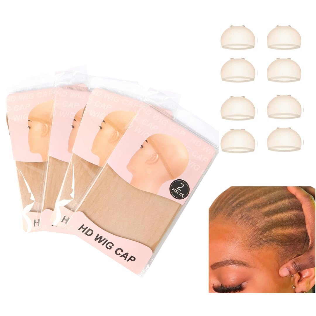 MRS GWEN HD Wig Cap 8 PCS Thin Invisible Stretch to Fit Shear Breathable Stretchy Stocking Wig Caps (4PackS is 8Pcs) Beige