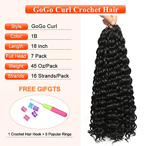 GoGo Curl Crochet Hair 18 Inch Water Wave Crochet Hair 7 Packs Curly Crochet Hair Beach Curl Hair for Black Women Ocean Wave Crochet Hair Synthetic GoGo Curly Braiding Hair Extensions(18inch 1B)