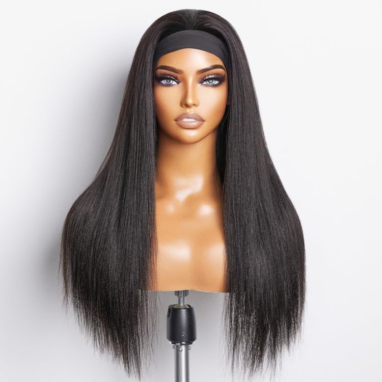 Emistar Yaki Straight Headband Wigs for Black Women Soft Synthetic Hair As Human Hair Wear And Go Glueless Half Wig Natural Black Wig with Headband Attached (22 Inch)