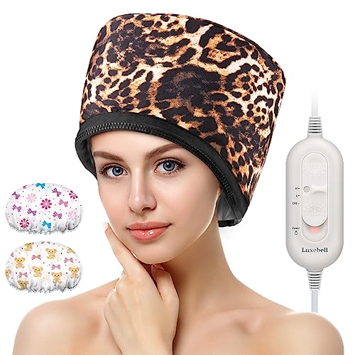 Luxebell Hair Steamer Deep Conditioning Heat Cap Adjustable Hair Care Heating Cap with Intelligent Protection, Sturdy Material, and 2 Reusable Shower Caps, Gifts for Women (Leopard)