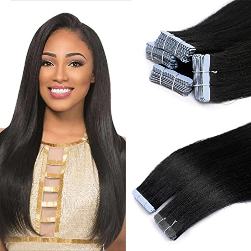 ELFSECRET Human Hair Tape In Hair Extensions Natural Black Color Seamless Invisible PU Skin Weft Tape in 100% Real Human Hair Silky Straight Hair Extensions Soft Thick End (14 Inch, 1B Natural Black)