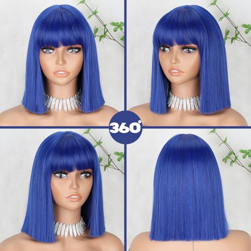 MERISIHAIR Short Blue Bob Wig with Bangs Synthetic Straight Blue Cut Wig Shoulder Length Fashion Cosplay Wig for Girl Colorful Costume Wig