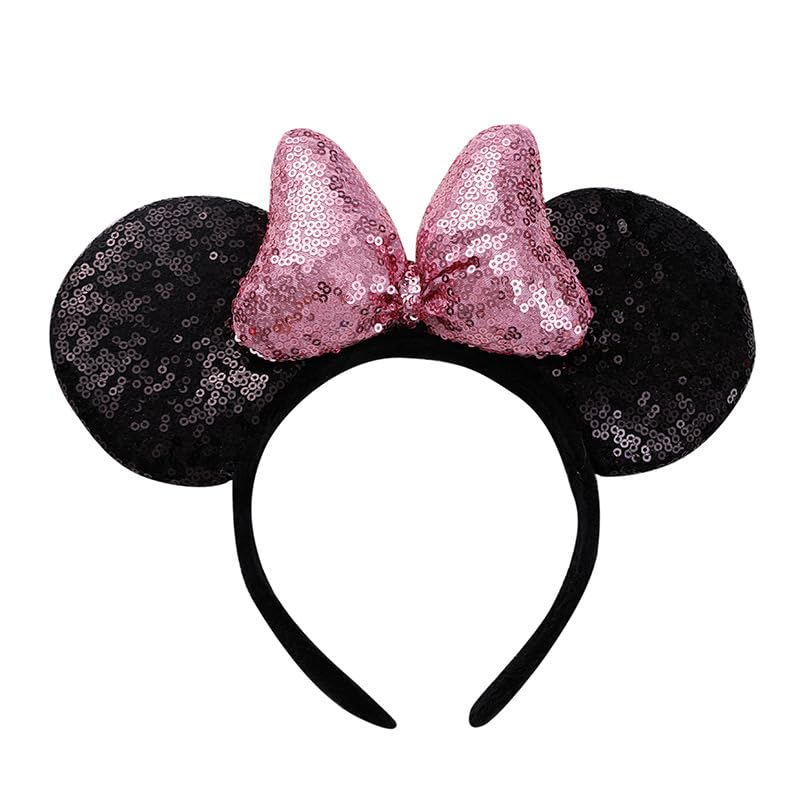 YOVECATHOU Mouse Deluxe Ear Bow Headbands Sequins Hairbands Women Hair Accessories For Cosplay Costume Party (Black Pink)