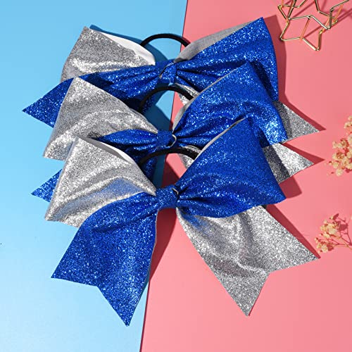 CEELGON Large Glitter Cheer Bows 12 PCS 8" Two Toned Ponytail Holder Girls Elastic Hair Ties for Teens Girls Softball Competition Sports Cheerleaders-Royal Blue/Silver