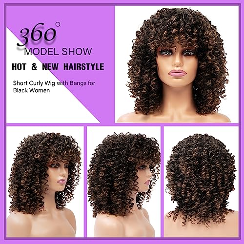 maxknow Curly Wigs for Black Women Fluffy Curly Afro Wig for Women Soft Synthetic Curly Ombre Brown Wig with Bangs Full Wigs for Women Daily Use (T1430 Ombre Brown)