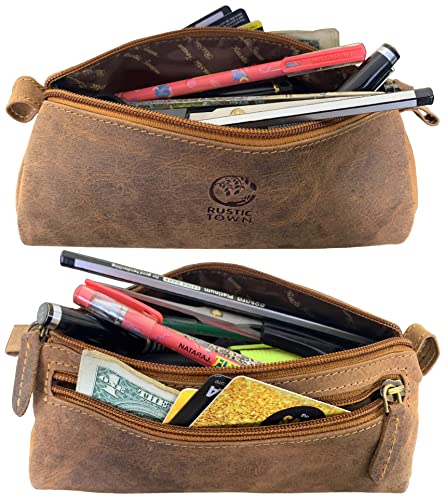 Rustic Town Leather Pencil Case - Full Grain Leather Zippered Pen Pouch - Stationery Bag Pen Holder for Work & Office, Brown, M, Bag Organiser