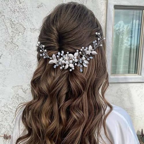 EASEDAILY Bride Wedding Hair Vine Silver Leaf Bridal Headpieces Pearl Crystal Hair Accessories for Women and Girls