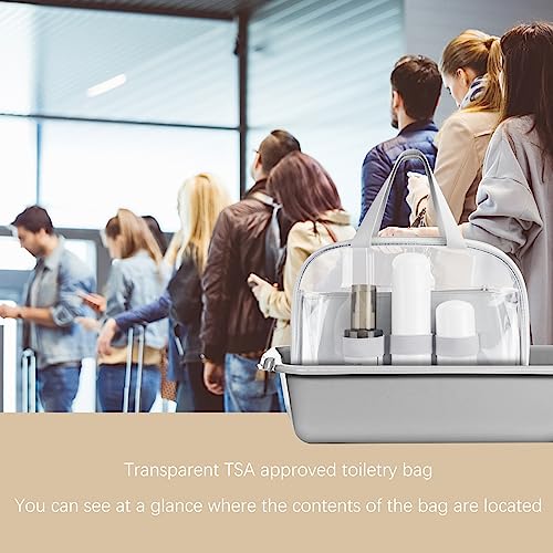 DuringCo Clear Travel Toiletry Bag for Women,MakeUp Bag Overnight with Hanging Belt, Expanding Cosmetics Bag Organizer Two Sided Handbag Travel Essentials (Clear)