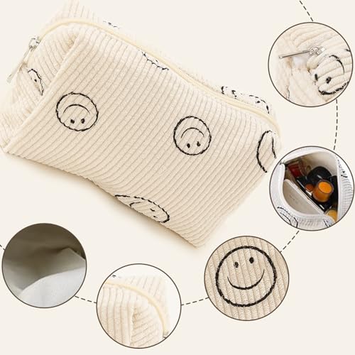 Herchuse Makeup Bag Cute Smiley Face Makeup Bag Organizer With Zipper Corduroy makeup Bag 3PCS Bag For Purses For Women (Beige)