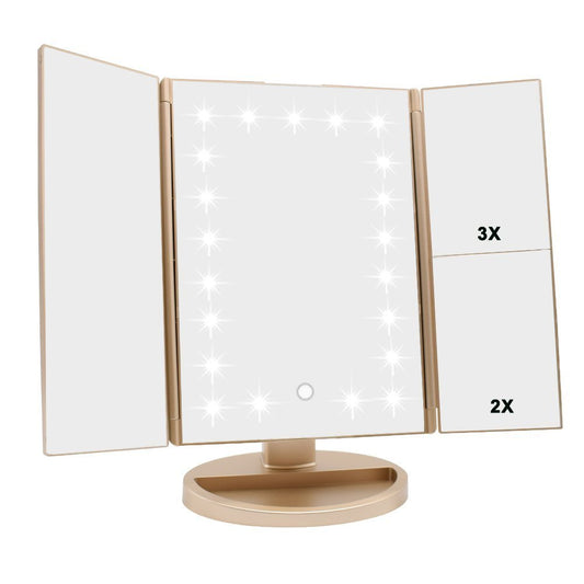 Flymiro Tri-fold Lighted Vanity Makeup Mirror with 3x/2x/1x Magnification, 21Leds Light and Touch Screen,180 Degree Free Rotation Countertop Cosmetic Mirror,Travel Makeup Mirror (Gold)