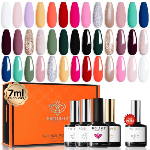 Modelones Gel Nail Polish Kit, 24 Pcs White Black Nail Polish Gel Pink Glitter Sage Green Nude Gel Nail Polish Set with Bond Primer Glossy & Matte Top Base Coat Nail Art Manicure Gifts for Girl