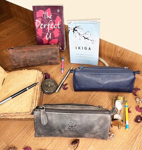 Rustic Town Leather Pencil Case - Full Grain Leather Zippered Pen Pouch - Stationery Bag Pen Holder for Work & Office, Brown, M, Bag Organiser