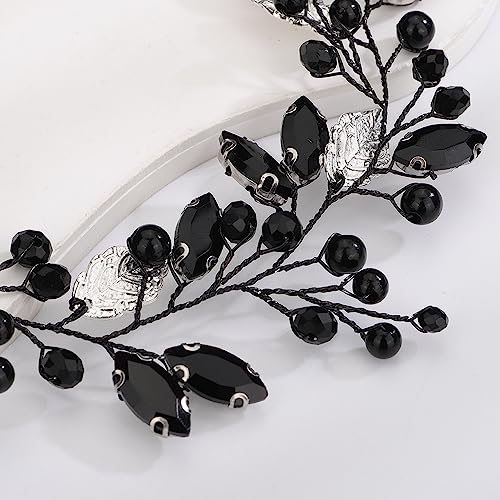 Teyglen Bride Wedding Hair Vine Bridal Silver Leaf Crystal Headband Handmade Blue Red Black Rhinestone Pearl Hair Pieces Black Headpieces Hair Accessories for Bride Women Girls (Black)