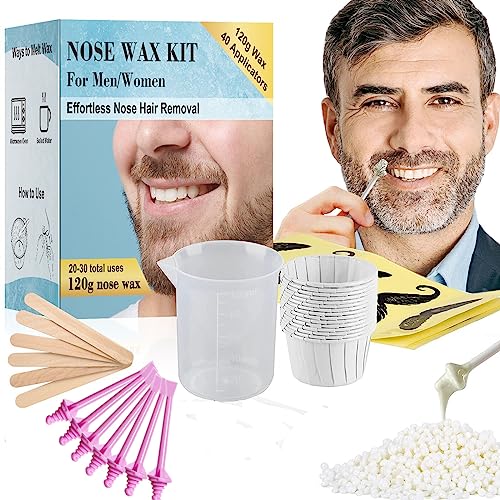 120g Nose Wax Kit for Men and Women, Nose Wax with 30 Pink Applicators, 20 Mustache Guards, 20pcs Paper Cup, 10pcs Wooden Sticks, Nose Hair Waxing Painless Nose Hair Removal at Least 20 Times Usage