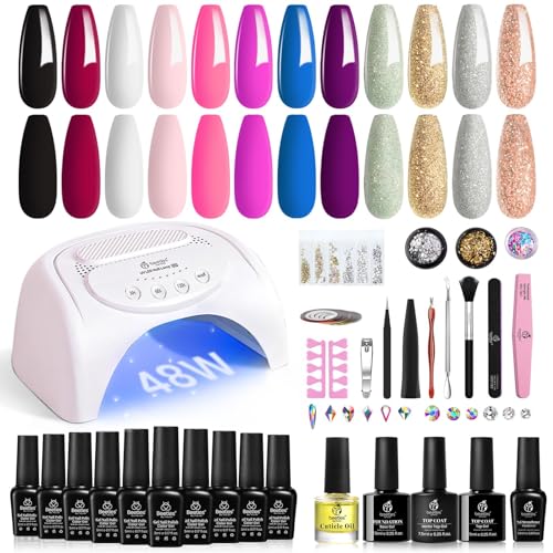 Beetles 12 Colors Gel Nail Polish Kit with U V Light 48W LED Nail Lamp Gel Base Top Coat Pink White Purple Glitter Gel Polish Set Nail Art Rhinestone Gems Manicure Gel Nail Polish