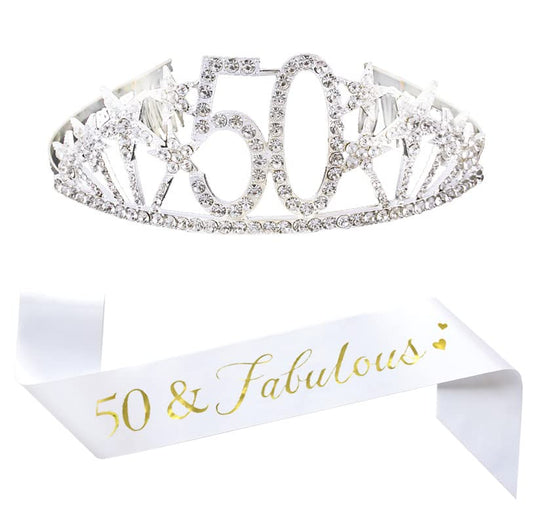 Happy 50th Birthday Tiara and Sash Gifts Crystal Rhinestone Princess Crown Birthday Queen Party Favor Supplies Silver Crowns White Sash